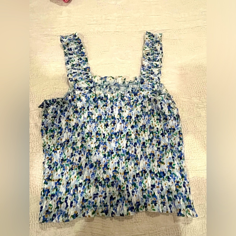 Veronica Beard Blue, Green and White Smocked Tank Top